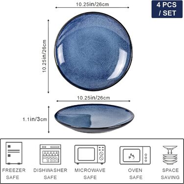 Набір тарілок UNICASA 4 шт. з порцеляни, 16 см, ідеально підходять для супу, десерту, сніданку, сервіз на 4 персони (26 см, блакитний)