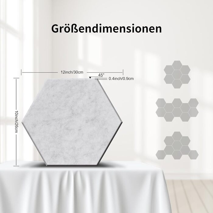 Самоклеючі гексагональні акустичні панелі для шумоізоляції стін та дверей, 24 шт, 1.4м², сріблясто-сірі, 100% поліестер, NRC 0.95