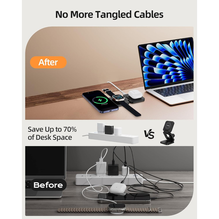 Зарядний пристрій KU XIU X55 Turbo Qi2.2 25W 3-в-1 для Apple Watch, iPhone 17-12 та AirPods, магнітний складаний стенд, адаптер 45W (Чорний)