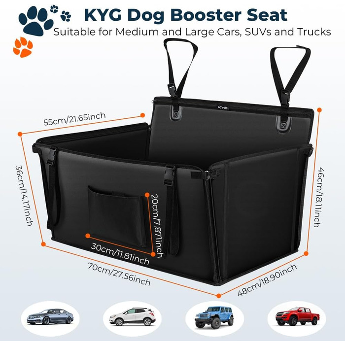 KYG Dog Car Seat - Extra Stable, Waterproof, Non-Slip - Reinforced Dog Seat for Medium & Large Dogs - L: 70x55x36cm