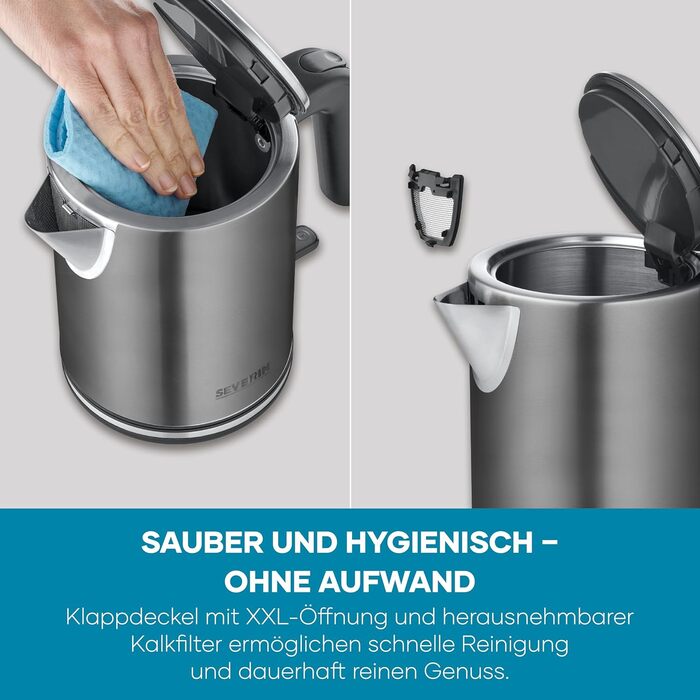 Електричний чайник SEVERIN WK 3489, 1 л, чорний/нержавіюча сталь, з індикатором рівня води та фільтром від накипу