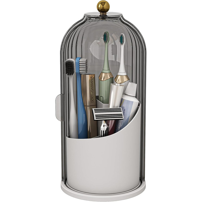 Dustproof Toothbrush Holder with Cover, Rotating Holder for Electric Toothbrush and Toothpaste for Bathroom Countertop, 3 Compartments, Makeup Brush Organizer, Complete (Gray, White)