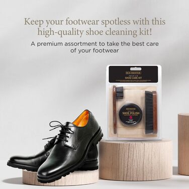 ROCHESTER Premium Shoe Care Set, Leather Shoe Care Kit with Black Shoe Cream, 100% Horsehair Dauber, 100% Horsehair Shoe Brush, and Soft Flannel Polishing Cloth, Shoe Accessories, Natural