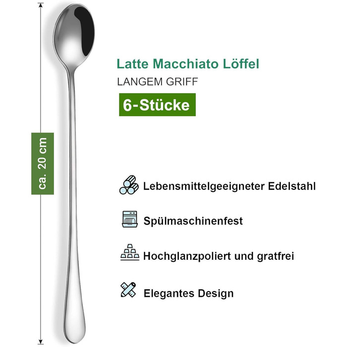 Набір ложок DoubleS Lange Latte Macchiato: 6 шт. з нержавіючої сталі для кави, чаю, коктейлів та десертів