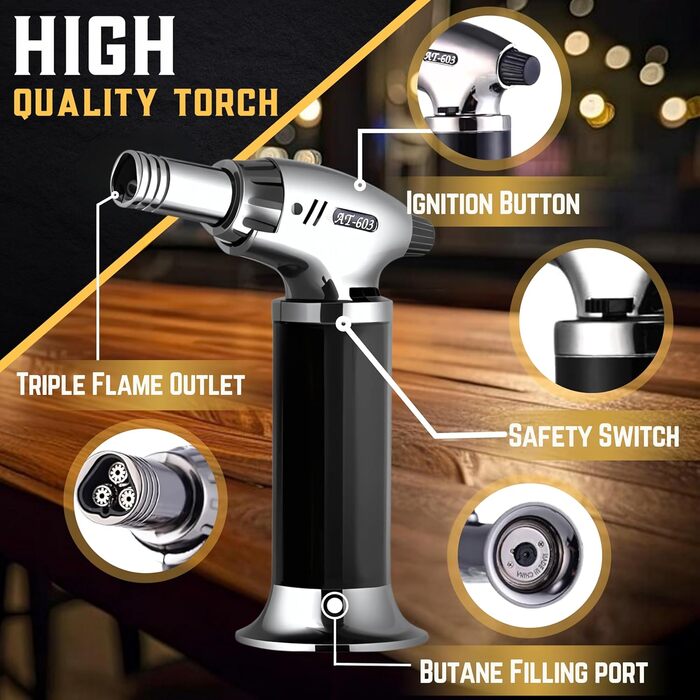 Набір для копчення віскі | Набір для копчення коктейлів з факелом, захистом від обгорання, кришкою, 6 дерев'яними стружками та подарунковою коробкою для копченого Old Fashioned | Набір для копчення бурбону (без бутану) Стандартний