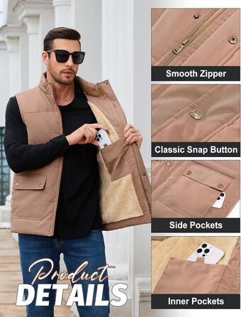 Xnova Тепла зимова жилетка для чоловіків з флісовою підкладкою Sherpa, жилетка-куртка, для полювання, роботи, на відкритому повітрі, хакі, розмір L