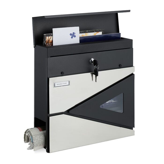 Поштова скринька Relaxdays HBT 37x37x11 см, сталь, чорний/срібний, з оглядовим вікном та замком