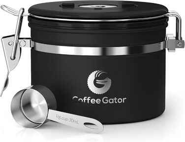 Контейнер для кави Coffee Gator з нержавіючої сталі, герметичний, з датчиком дати, CO2-вентилем, ложкою, для кавових зерен, меленої кави, горіхів, чаю, цукру (Чорний)