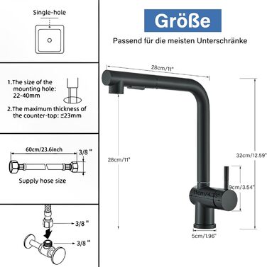 Змішувач кухонний Rozin для мийки, чорний матовий, з висувною лійкою, поворотний 360°, 2 режими, для кухні