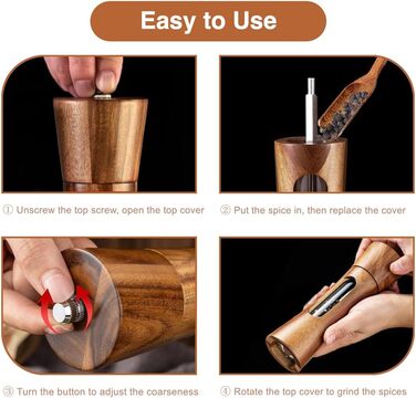 Дерев'яна мельниця для солі та перцю з підставкою, ручна, з регульованим керамічним жорном, 20 см