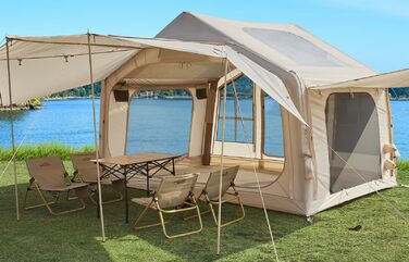 Надувний кемпінговий намет Glamping для 6-8 осіб, 2025, бежевий, з москітною сіткою та тентом 16.4*14.4 м