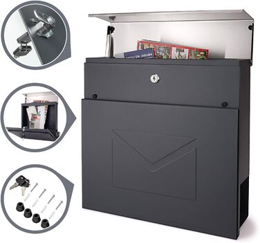 Поштовий ящик Verda з газетницею, нержавіюча сталь, антрацит, 37x37x11 см, з вікном, ключами та табличкою для імені - сучасний вуличний поштовий ящик