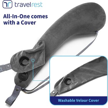 Travelrest® All-IN-ONE Premium Travel Pillow/Neck Pillow – washable plush cover with memory foam – ideal for airplanes, cars, trains, office naps (rolls up small)