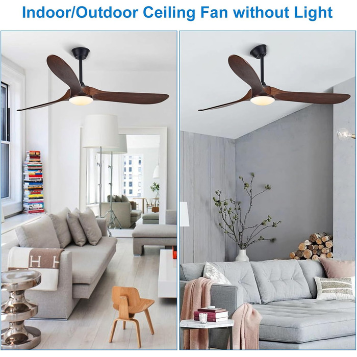 Стеляний вентилятор з дерева без освітлення, з пультом керування, тихий, для вологого приміщення, 152 см (60 дюймів), коричневий, 3 лопаті