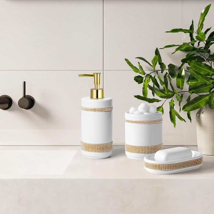 Набір аксесуарів для ванної кімнати з діамантами: органайзер, диспенсер для мила, стакан для зубних щіток, мильниця, контейнер для ватних паличок, 5 шт. Білий, кераміка