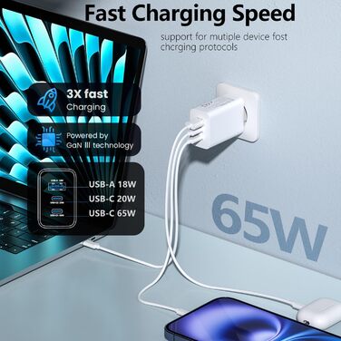 Зарядний пристрій USB-C 50W, 5 портів: 2 USB-C та 3 USB-A, Power Delivery 3.0, швидка зарядка для iPhone, Samsung, телефонів, планшетів - Бежевий