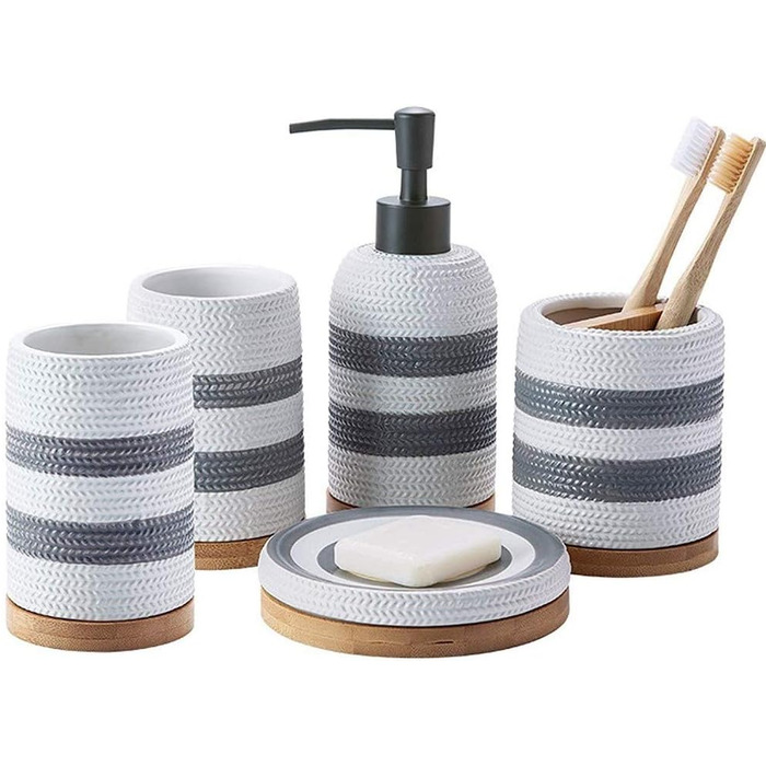 Набір аксесуарів для ванної кімнати з кераміки, 5 предметів: дозатор для мила, тримач для зубних щіток, мильниця, 2 стаканчика для зубних щіток