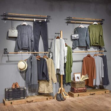 Wooden wall panel dresses a hanging rod, industrial clothes rack, clothing display rack for retail clothing - 120x29x16cm