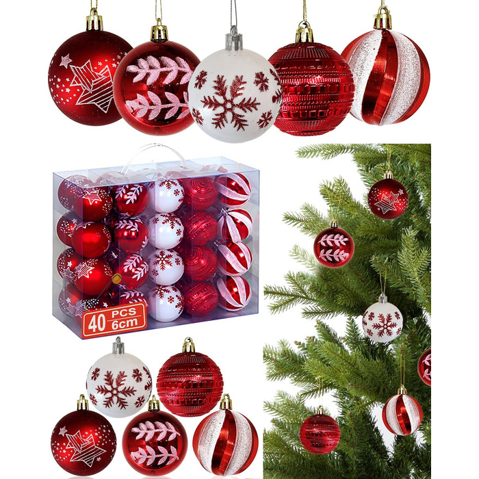 Набір прикрас на ялинку 40 шт. червоно-білі, 6 см, пластикові, з підвісками, небрудні, різноманітні поверхні та візерунки, для внутрішнього та зовнішнього використання