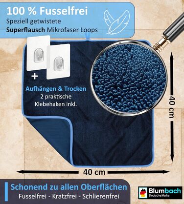 Набір мікрофібрових рушників для сушіння BLUMBACH Ultra Wipes, 700 GSM, 40x40 см, темно-синій (3 шт.) — для душу та авто