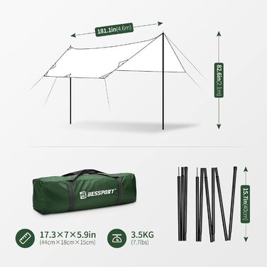 Bessport Waterproof Tarp - 3x4.6m Camping Tarp with Poles, Stakes & Rope - UV Protection, Multipurpose Tent Tarp (Green)