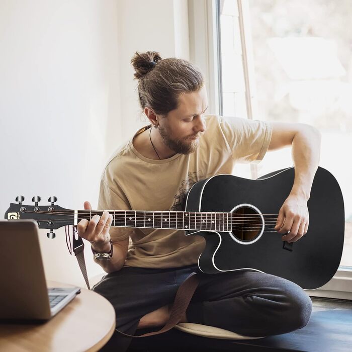 Акустична гітара Vangoa 4/4 для початківців та дорослих, чорна, з каподастром та чохлом