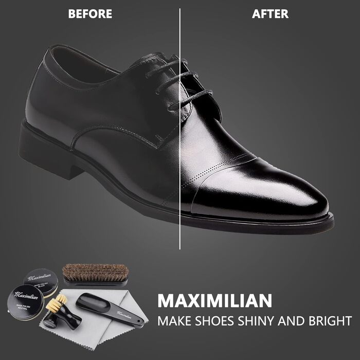 MAXIMILIAN shoe shine kits for leather, shoe care set with black and colorless shoe cream, 2 applicator brushes, soft horsehair brushes, shoehorn, cloth