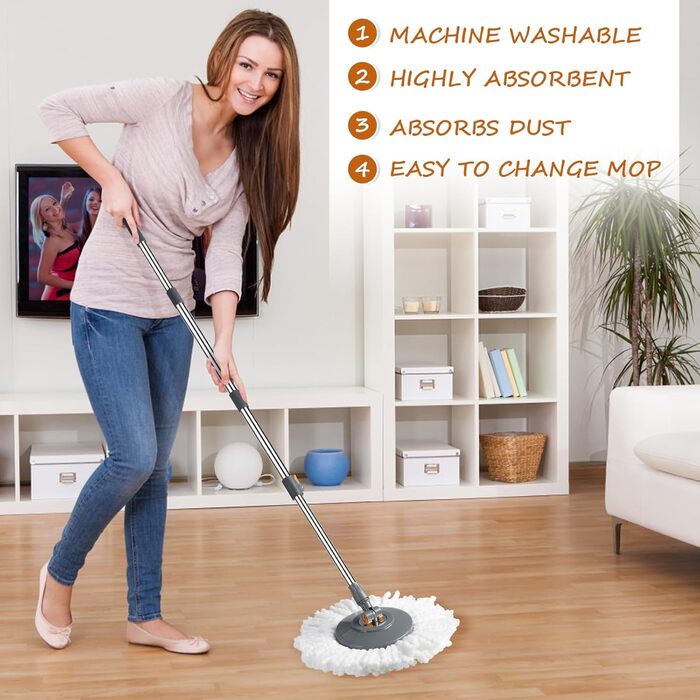 Набір для миття підлоги Rainberg Spin Mop з відром: 3 змінні насадки, висувний 130 см, мікрофібра, самовіджимання, сірий та помаранчевий