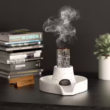 Incense Holder, Incense Stick Bowl, Ceramic Incense Holder, Burn Bowl for White Sage/Palo Santo Stick/Incense, 3-in-1 Burner Bowl with White Sage Bundle (Gray)