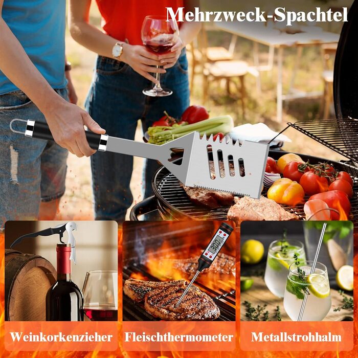 38-Piece BBQ Grill Tool Set Stainless Steel Grill Accessories for Men Gift Birthday High-Quality Grill Utensil Set Case with Grill Case and Grill Mat for Garden and Camping Black