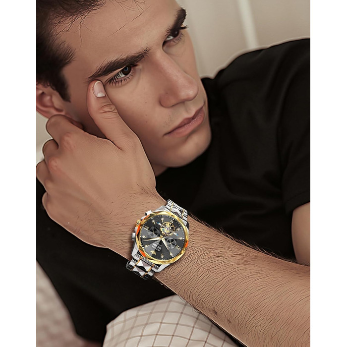 Чоловічий наручний годинник OLEVS G3316: аналоговий, водонепроникний, зі сталевим двоколірним ремінцем, чорним циферблатом, підсвічуванням та календарем