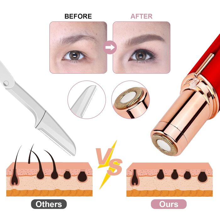 Електричний прилад для видалення волосся з обличчя URAQT для жінок, USB, безболісний триммер для обличчя, тіла, губ та підборіддя з LED-підсвічуванням, рожеве золото (червоний)