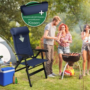 ELONEO Folding Camping Chair with Removable Footrest, Folding Chair made of Aluminum, Folding Garden Chair, Reclining Chair with Adjustable Backrest, Camping Chair (Folding Chair with Footrest (with Premium Cushion), Blue)