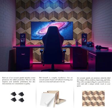 Акустичні панелі JBER для стін самоклеючі, звукопоглинаючі 3D-панелі з мармуровою текстурою для студії, офісу та дому, 30×30×1 см, 12 шт (Гексагон)