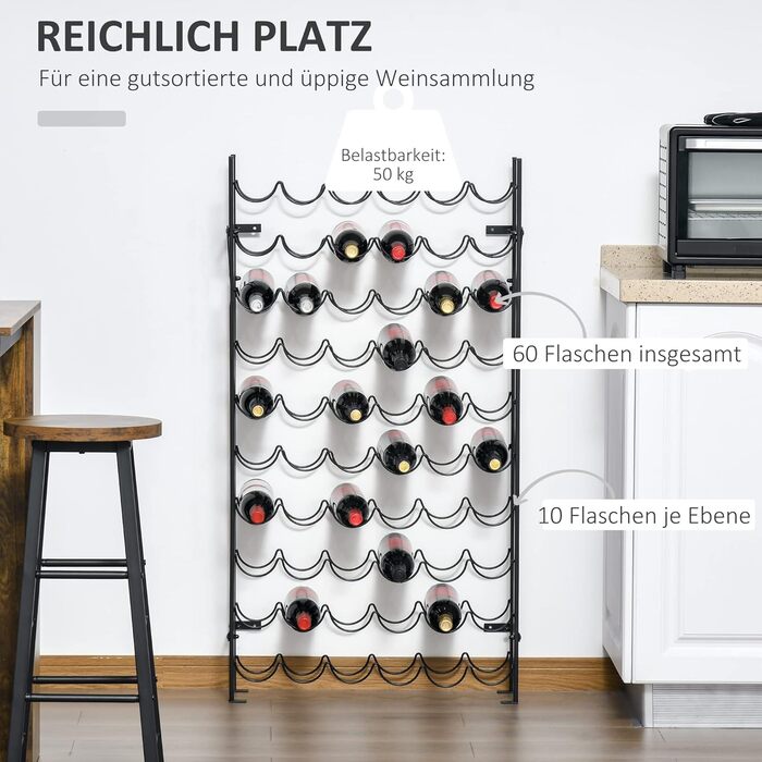 Homcom Wine Rack Wine Stand Bottle Rack 60 Bottles Wall Mount Metal Black