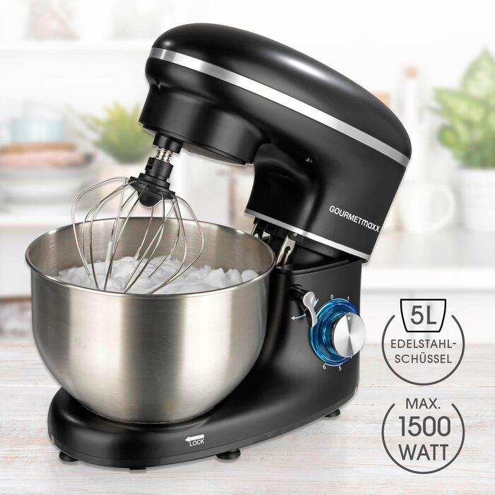 Gourmetmaxx Kitchen Machine with Kneading and Whisking Function | Powerful kitchen machine with a large 5-liter stainless steel bowl and direct drive | Includes mixing attachment, dough hook & whisk [1,500 watts] Metallic Black