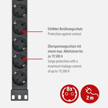 Бренненштуль Розподільник розеток Alu-Line 8-fach з захистом від перенапруги, 19 дюймів, 2м кабель, срібно-чорний