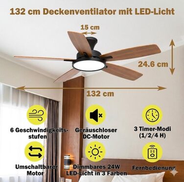 Вентилятор стельовий з LED підсвіткою, DC мотор, 3 кольори світла, диммування, чорний, з пультом ДК для спальні, тихий, 6 швидкостей, вітальня, офіс