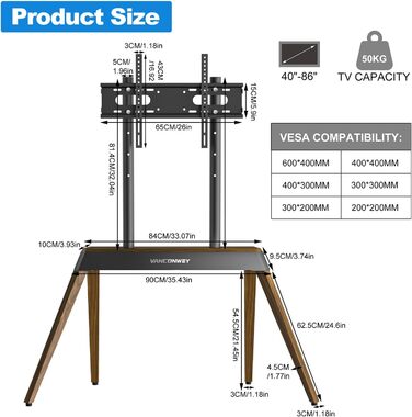 Підставка для телевізора Vanconwey Boden TV Ständer для LED/LCD екранів 40-86 дюймів, дерев'яно-металева, до 110lbs, VESA 600x400mm, горіх (VC-Z1818)