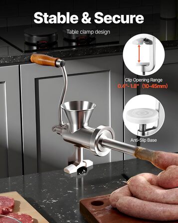 М'ясорубка ручна VEVOR з нержавіючої сталі 304, з насадкою для ковбас, кріпленням до столу та 2 дисками (4.5/8 мм) + 4 насадки для ковбас