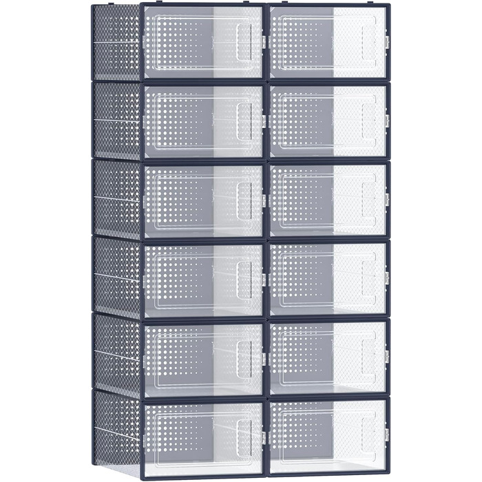 SONGMICS Shoe Boxes, 12-Piece Set, Plastic Shoe Organizer, Foldable and Stackable, for Shoes up to Size 44, Transparent-White LSP12SWT (12-Piece Set for Shoes up to Size 44, Transparent + Anthracite Blue)