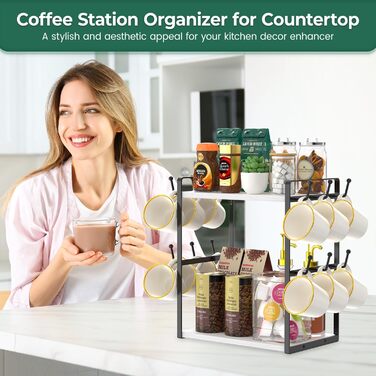 EsLuker.ly 2-Tier Mug Holder and Cup Stand, Mug Shelf for Coffee Cups, Coffee Organizer for Countertop, Coffee Station Organizer with Mug Holder, Vintage Brown-Black (14.4