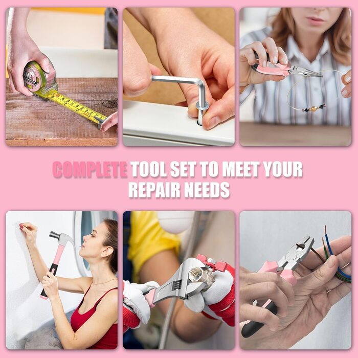 Набір інструментів Sundpey 206tlg з акумуляторною дрилем 12V для ремонту вдома та DIY, рожевий