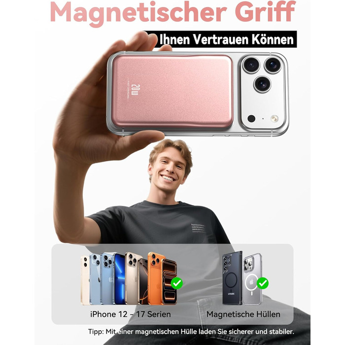 Power Bank MagSafe 10000mAh Рожево-коричневий: Бездротовий магнітний зарядний пристрій 20W PD з USB-C для iPhone 12-17 Pro/Pro Max