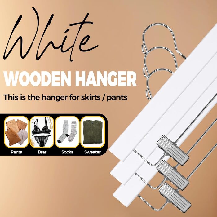 Набір дерев'яних вішалок для штанів та спідниць Quality Hangers, чорні, з регульованими затискачами та поворотним гачком (120 шт)