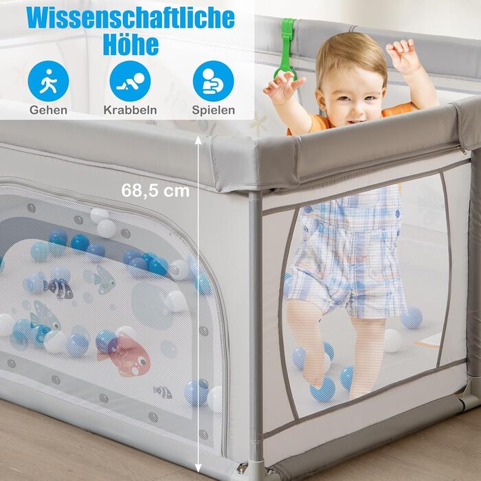COSTWAY 205 x 147cm Playpen Baby foldable, Play Yard with 50 Balls, 2 Doors, Side Pocket, Breathable Mesh & Zipper, Playpen Tent for Infants & Toddlers (Gray-Fish) Gray-Fish Without Mattress