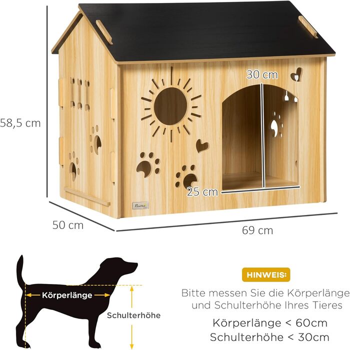 PawHut Wooden Dog House - Indoor Pet Shelter with Ventilation - MDF Oak & Black - 69x50x58.5 cm
