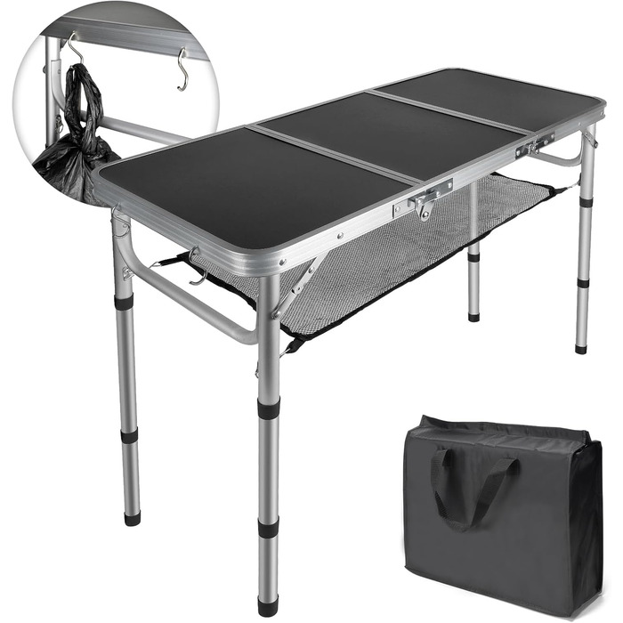 Складаний туристичний стіл CPROSP 90x40 см, чорний, регулювання висоти 26-70 см