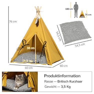 PawHut Будиночок для котів Tipi-намет, ліжко для собак з подушкою, з неслизьким покриттям, з іграшковим м'ячиком, з соснового дерева, для використання в приміщенні, жовтого кольору | Aosom