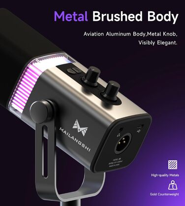 Професійний USB/XLR мікрофон Mailangshi для подкастів, стрімінгу та ігор з RGB підсвіткою та металевим корпусом